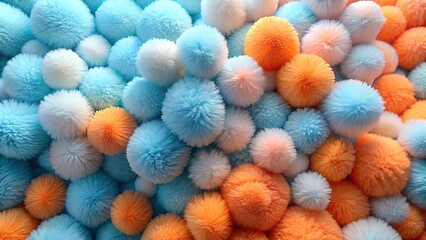 A colorful cluster of fluffy pom poms creates a textured background