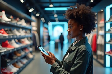 African beauty exploring virtual sneakers using AR technology in a cutting-edge retail store.