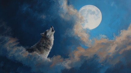 Wolf howling at a full moon in a dramatic sky