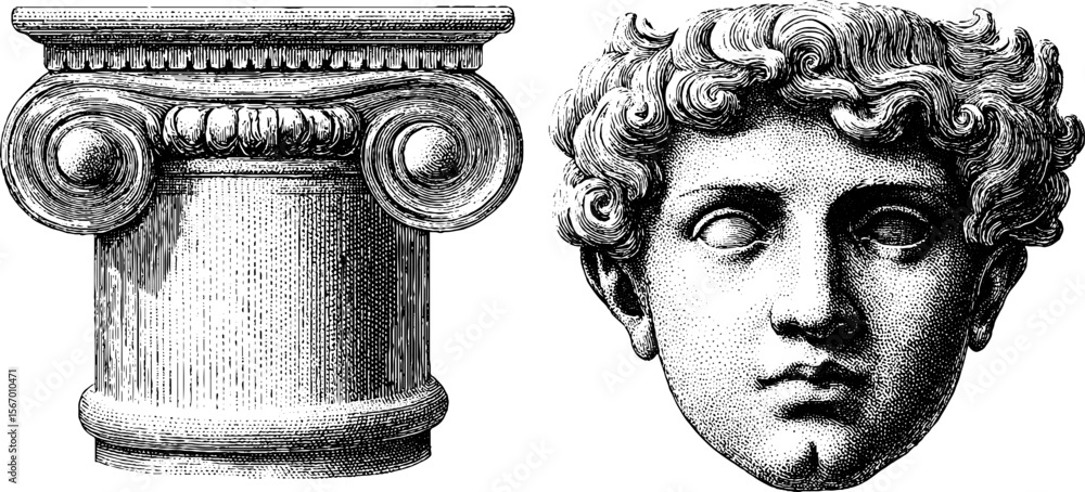 Poster classical architecture elements: gilded wall scroll and fluted column with ancient portrait