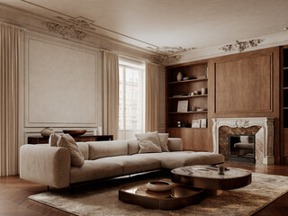 Classic beige interior with fireplace sofa, pillows, moldings, dresser, fur carpet, coffee table and wood floor. 3d render illustration mockup.