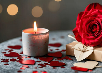 White granite table decorated with small red paper hearts and shiny, light red confetti. white candle red rose Paper heart attached to envelope Blurred, gray-beige background with scattered spot light
