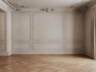 Classic beige empty interior with blank wall with moldings, wood chevron floor and curtains. 3d render illustration mockup.