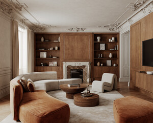 Classic interior with wood panels, fireplace, tv hanging console, sofa, armchair, coffee tables and decor. 3d render illustration mockup.