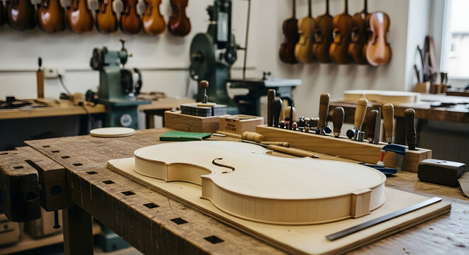 Unfinished violin on workbench in workshop