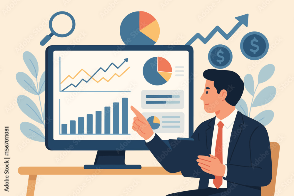 Poster businessman analyzing financial data on computer screen. business data analytics, market research co