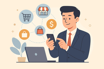 E-commerce business concept. Businessman using smartphone for online shopping and mobile payment. Internet store marketing, digital purchase, and commercial technology illustration.