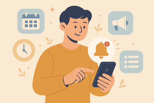 Alert notification concept with man using smartphone. Push notification reminder with bell icon for schedule, calendar appointment, or urgent message. Time management and to-do list app.