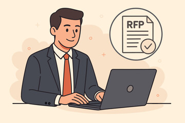 Request for Proposal RFP concept. Businessman working on laptop writing a business tender document. Procurement, bidding process, and contract agreement flat vector illustration.