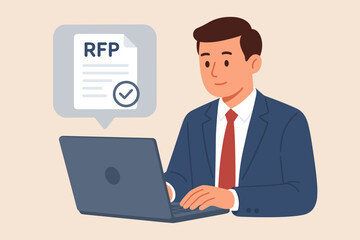 RFP concept, Request for Proposal. Businessman working on laptop with approved document icon. Business tender, procurement process, bidding and contract agreement concept vector.