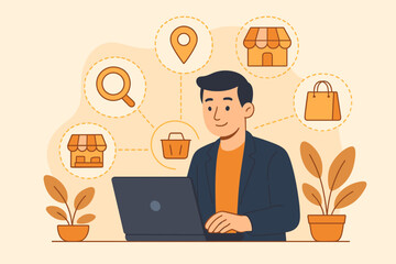 Local marketplace e-commerce concept. Businessman using laptop for local SEO strategy and search optimization for small business and retail. Online shopping vector illustration.