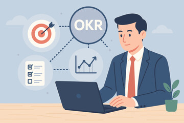 OKR Objectives and Key Results concept. Businessman at desk with laptop setting goals. Business strategy, performance tracking and measuring success with target, graph and checklist icons.