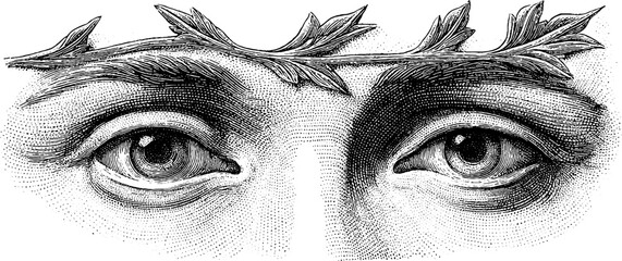 Fototapeta premium Vintage hand drawn illustration of eyes and leaf silhouette