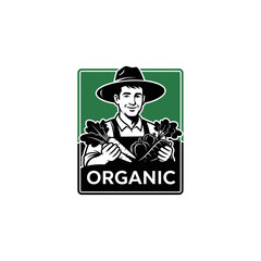 Farmer smiling, Organic product emblem icon logo flat vector design
