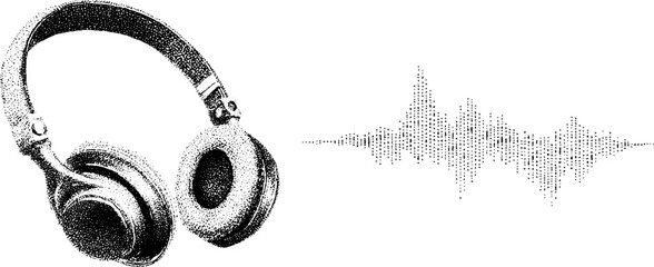 Vintage headphones with sound wave and music note illustration for retro music themes