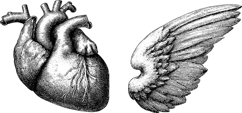Vintage heart and wing tattoo design with dotwork and flame elements