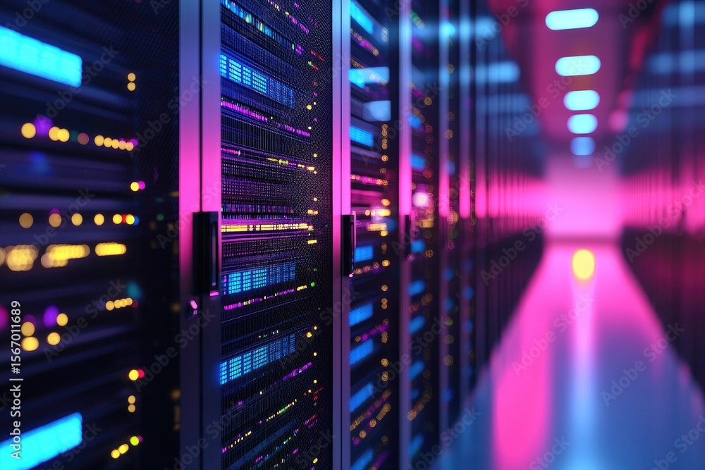 Poster futuristic server racks with glowing led indicators in a vibrant data center hallway with neon pink 