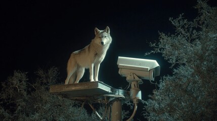 Wolf stands near surveillance camera in a night scene