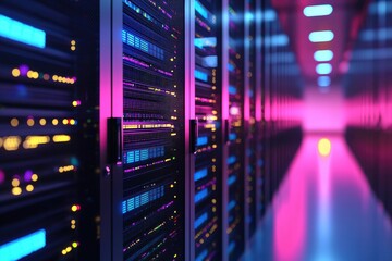 Futuristic server racks with glowing LED indicators in a vibrant data center hallway with neon pink and blue lighting. Ideal for tech, networking, storage, and digital visuals