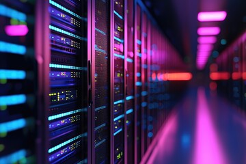 3D rendering of data center racks with colorful LED server lights and a neon-lit corridor in futuristic hues. Ideal for cloud storage, IT infrastructure, and digital network visuals