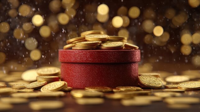 coins and box golden background and Christmas celebration.