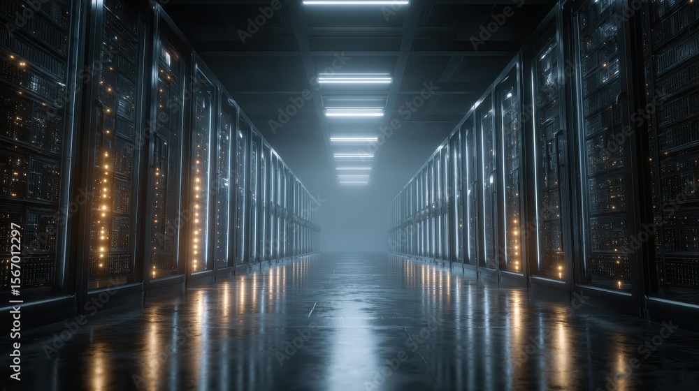 Poster modern data center with rows of server racks, illuminated lights, advanced technology, high-speed co