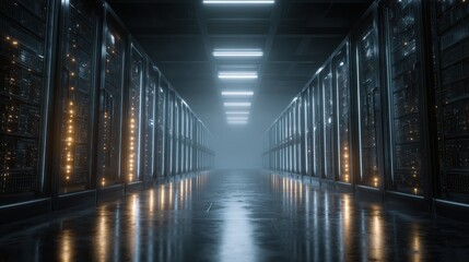 Modern data center with rows of server racks, illuminated lights, advanced technology, high-speed connectivity, cloud computing infrastructure.