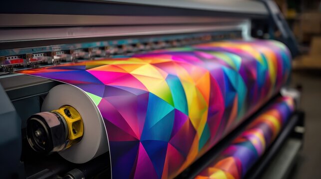 Graphic customization for digital printing. A vibrant, colorful design is being printed from a large-format printer, showcasing a mix of shapes and hues on a roll of material.