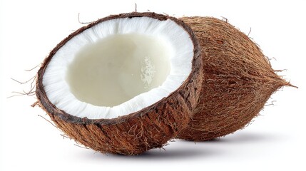 A slice of fresh coconut with skin, isolated on a white background, showcasing a tropical fruit option