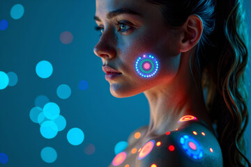 Naklejka premium A Woman's Futuristic Portrait: Vibrant Digital Contraception Patch Treatment Showing Interactive Visuals on her Arm