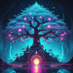 Neon-lit cyberpunk-style tree with holographic leaves and glowing circuitry patterns