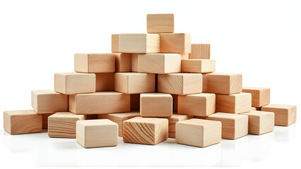Obraz premium Wooden blocks stacked in pyramid shape on white background, showing natural wood texture and smooth surfaces