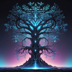 Neon-lit cyberpunk-style tree with holographic leaves and glowing circuitry patterns