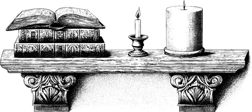 Vintage library shelf with open book and candlelight silhouette for retro design