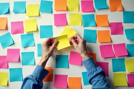 Overhead view of female hands sorting through vibrant sticky notes on desk.