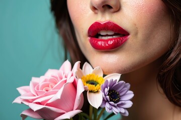 Fototapeta premium Close-up of woman's lips clutching a colorful bouquet of flowers, each petal a unique lipstick hue.
