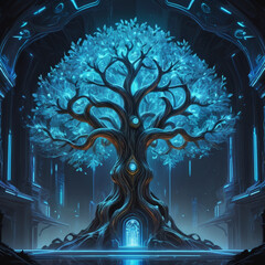 Neon-lit cyberpunk-style tree with holographic leaves and glowing circuitry patterns
