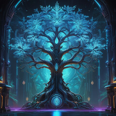 Neon-lit cyberpunk-style tree with holographic leaves and glowing circuitry patterns