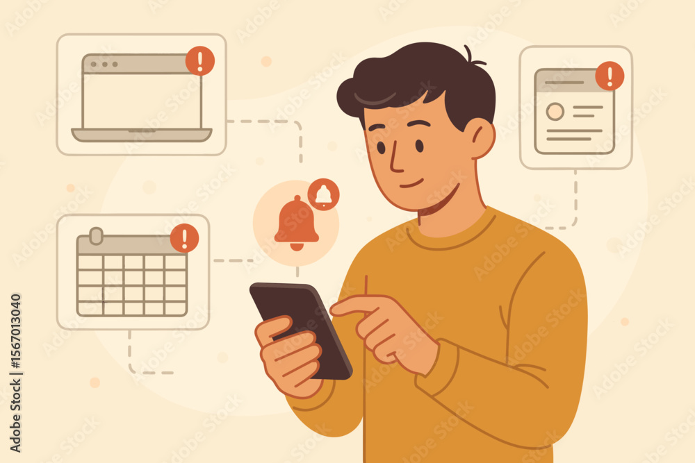 Poster alert notification concept. person using smartphone receiving push notifications, web reminders, and
