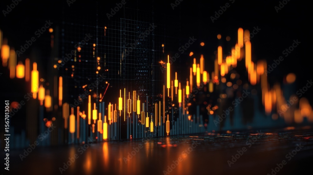 Poster glowing stock chart with candlestick and big data index grid. trading and finance concept. 3d render