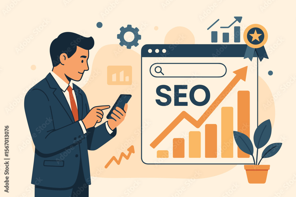 Poster search engine optimization concept. businessman using smartphone for seo analysis and website promot