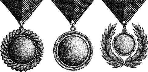 Vintage medals and laurel wreaths dotwork sketch for award designs