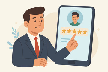 Fototapeta premium Businessman giving a five-star rating on a smartphone. Customer review concept with positive feedback. Service satisfaction, quality evaluation, and good rate review vector illustration.