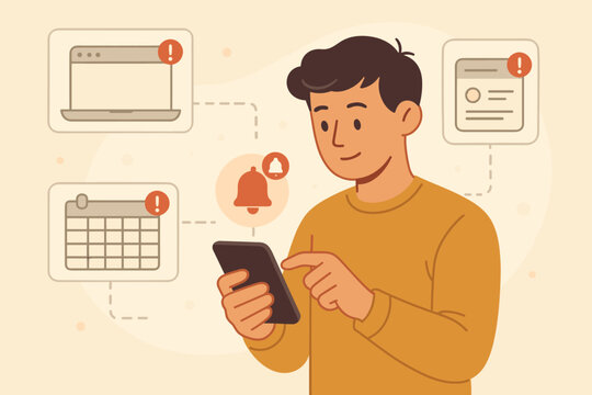 Alert notification concept. Person using smartphone receiving push notifications, web reminders, and announcements. Man checking mobile for schedule updates, calendar events, and messages.