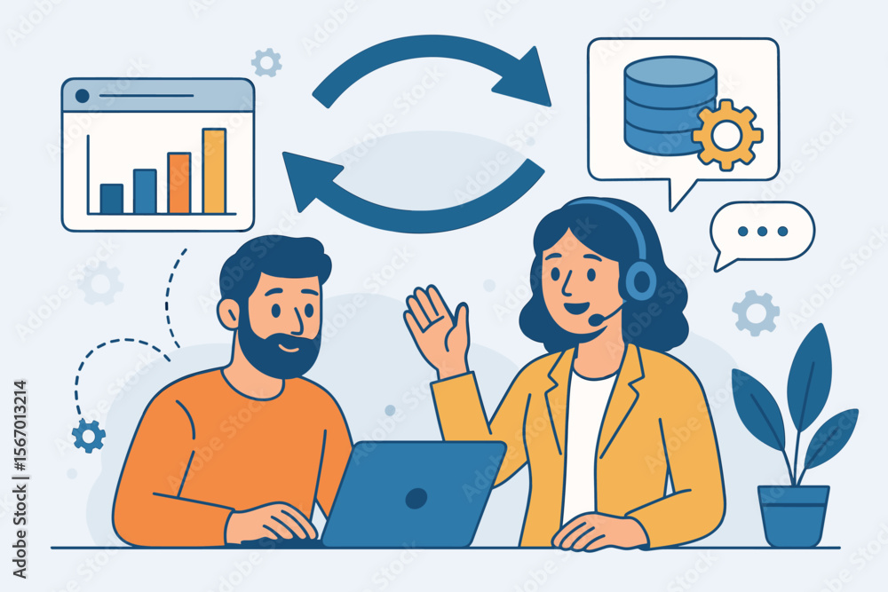 Poster customer service agent consulting client on data management. tech support specialist helps man with 