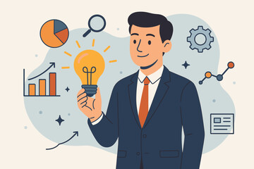 Innovation and business strategy concept. Successful businessman holding a glowing lightbulb for a new idea. Data science, analytics, research, and growth icons. Problem solving.