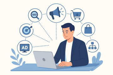Digital marketing technology online concept. Businessman uses laptop for internet business strategy. Vector illustration with icons for SEO, advertising, ecommerce, promotion, and sales.
