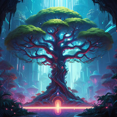Neon-lit cyberpunk-style tree with holographic leaves and glowing circuitry patterns