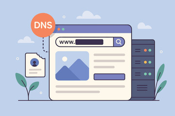 DNS Domain Name System concept illustration. Web server and network system for domain registration, website URL address, web page creation, and internet hosting service. Flat vector.
