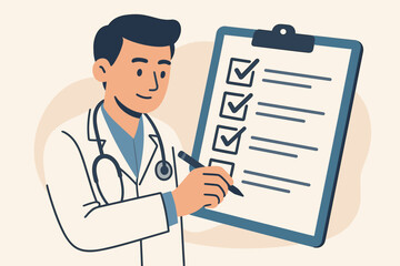Medical doctor completing patient survey checklist. Healthcare professional with stethoscope marking checkboxes on clipboard. Hospital paperwork, diagnosis, medical form, flat vector illustration